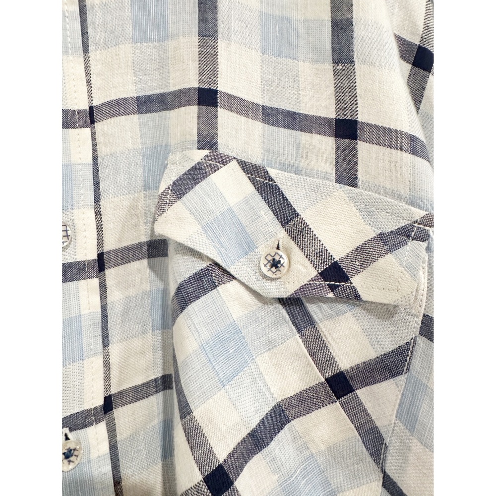 Bugatchi Shaped Fit Blue Plaid Linen Button Down Size XL - Picture 6 of 9